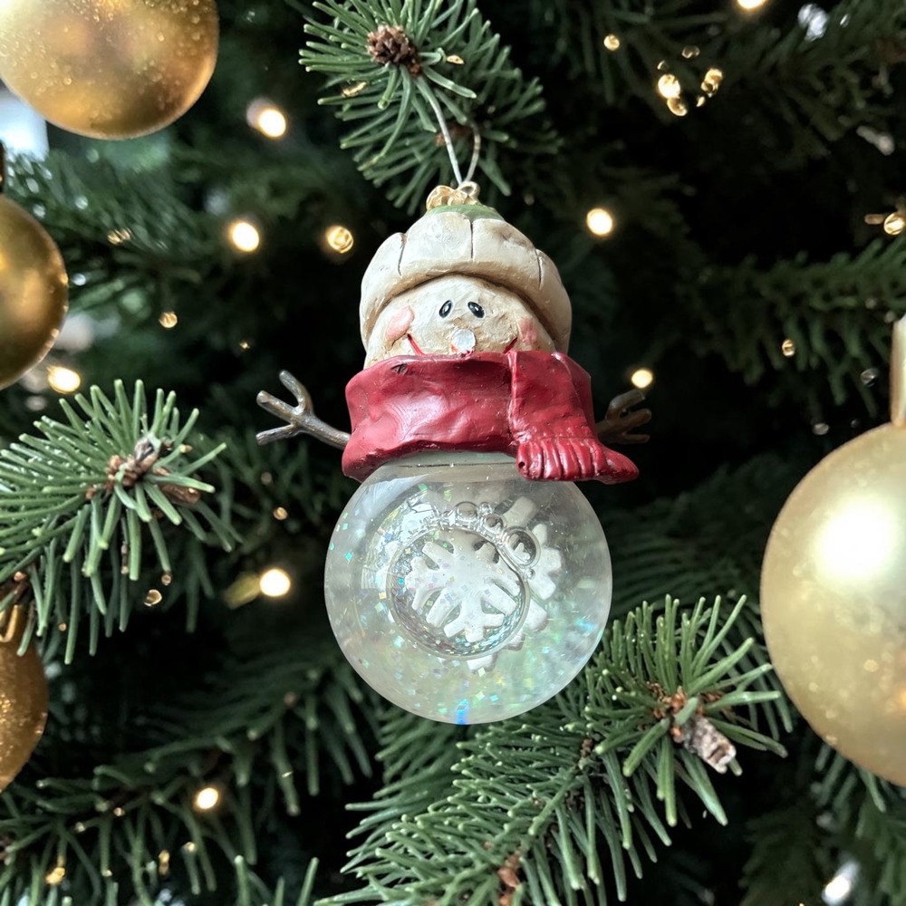 Snowman Snow Globe Christmas Ornament with Snowflake Belly and Red Scarf 4"